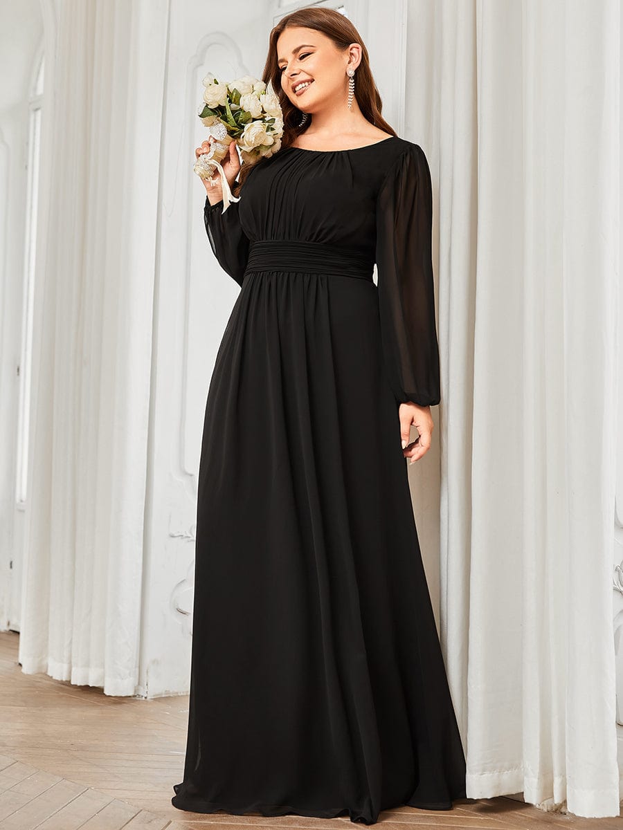 Plus Size Long Puff Sleeve Chiffon Maxi Dress #color_Black