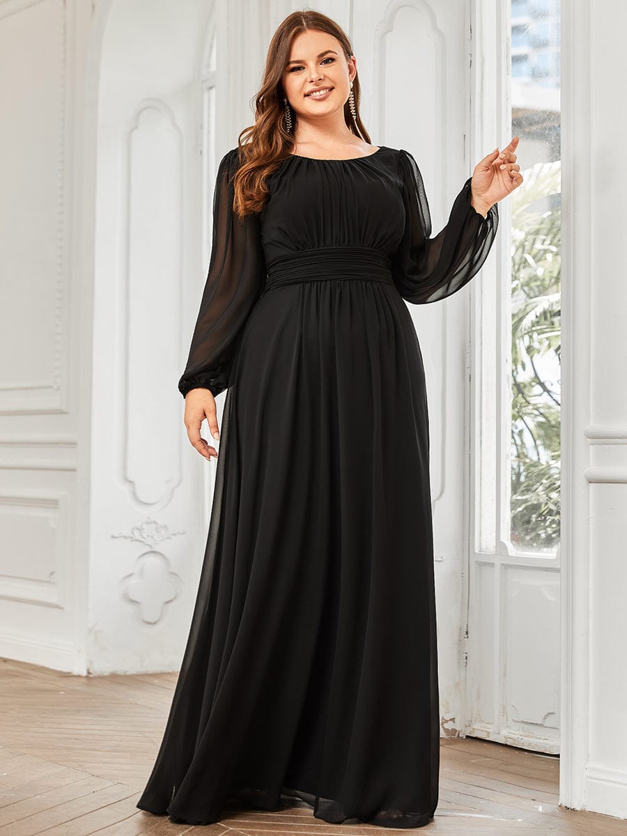 Plus Size Long Puff Sleeve Chiffon Maxi Dress #color_Black