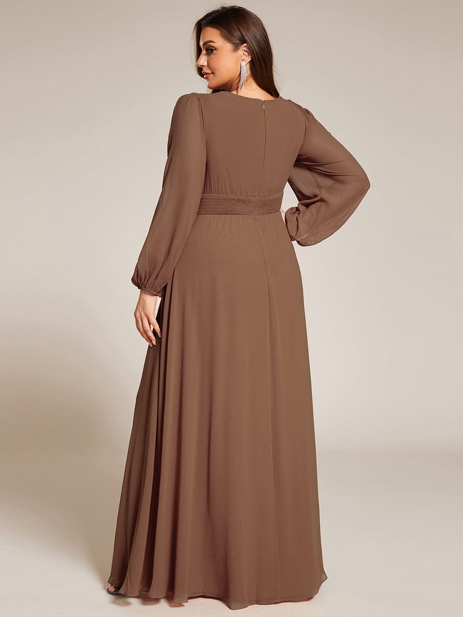 Plus Size Long Puff Sleeve Chiffon Maxi Dress #color_Brown