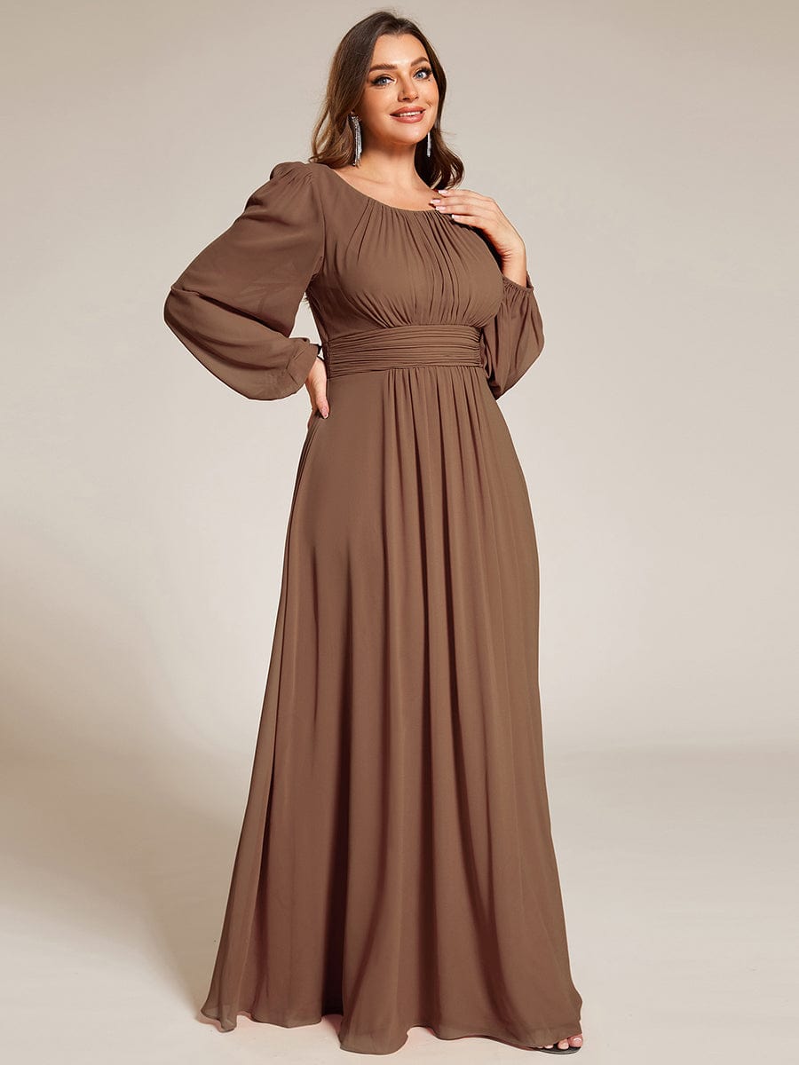 Plus Size Long Puff Sleeve Chiffon Maxi Dress #color_Brown