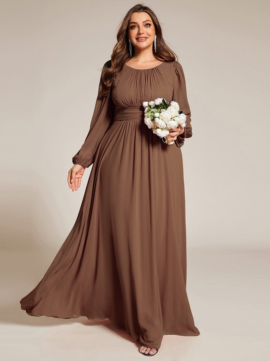 Plus Size Long Puff Sleeve Chiffon Maxi Dress #color_Brown