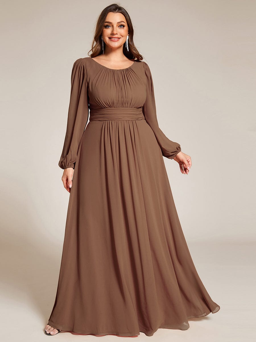 Plus Size Long Puff Sleeve Chiffon Maxi Dress #color_Brown