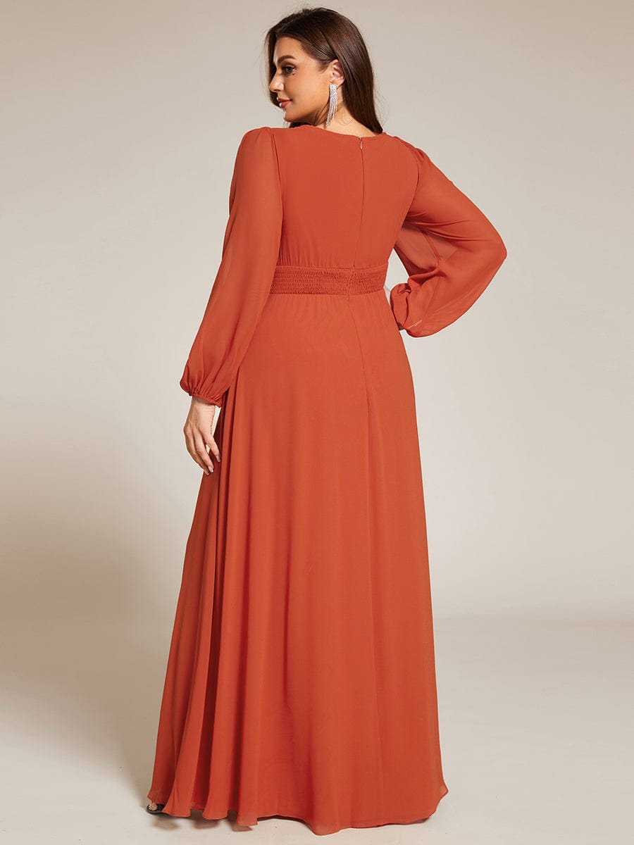 Plus Size Long Puff Sleeve Chiffon Maxi Dress #color_Burnt Orange