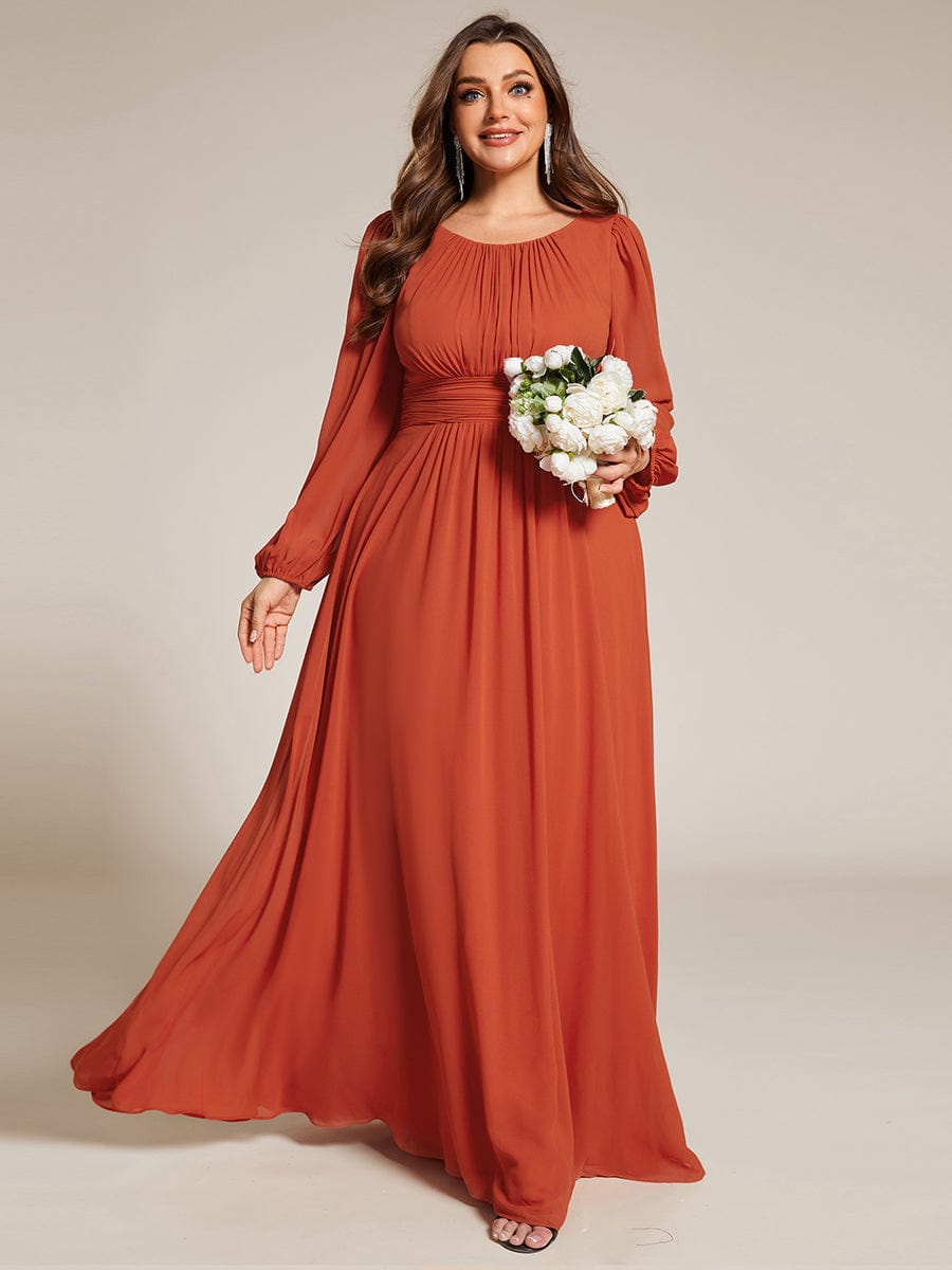 Plus Size Long Puff Sleeve Chiffon Maxi Dress #color_Burnt Orange