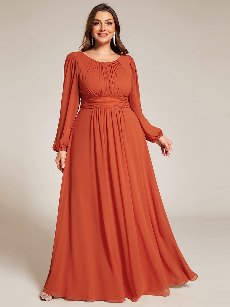 Plus Size Long Puff Sleeve Chiffon Maxi Dress #color_Burnt Orange