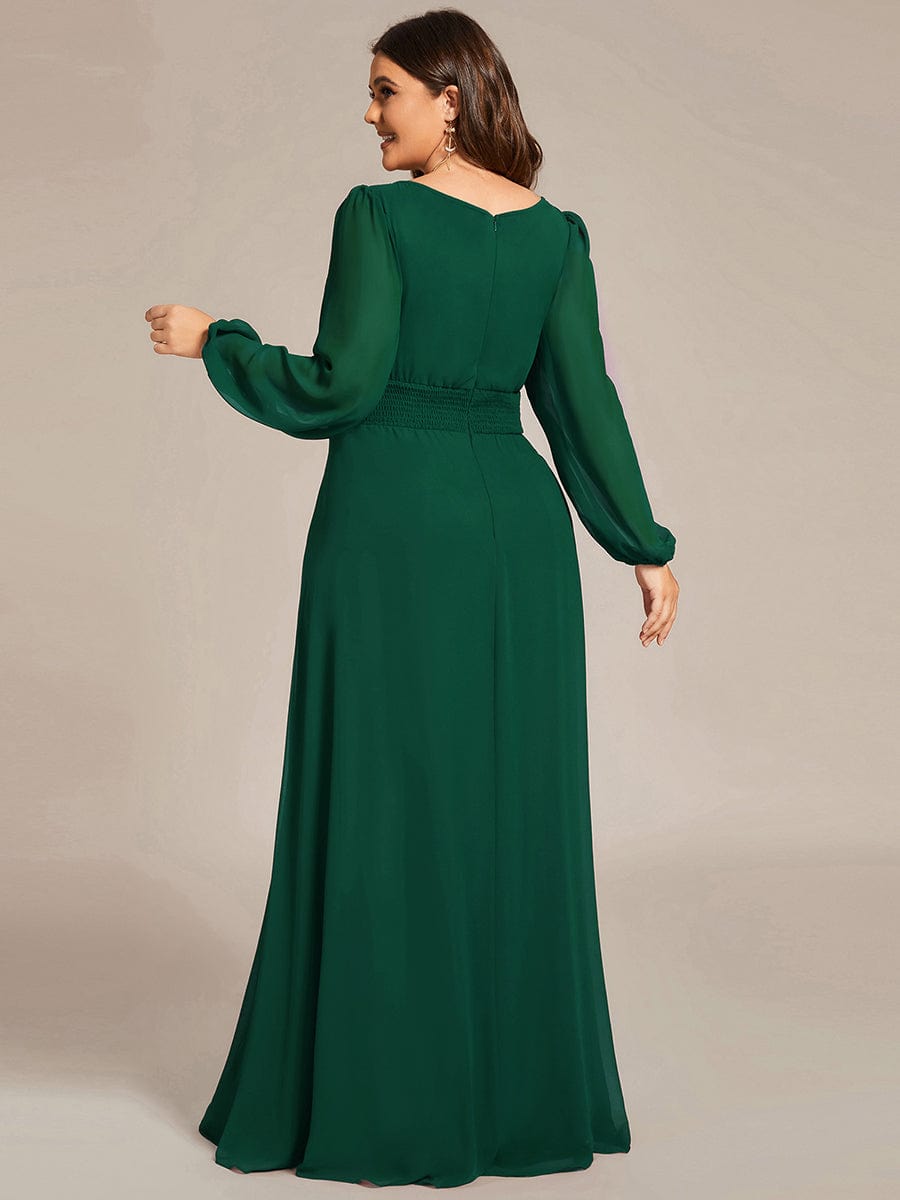 Plus Size Long Puff Sleeve Chiffon Maxi Dress #color_Dark Green