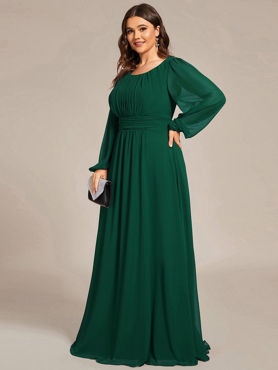 Plus Size Long Puff Sleeve Chiffon Maxi Dress #color_Dark Green