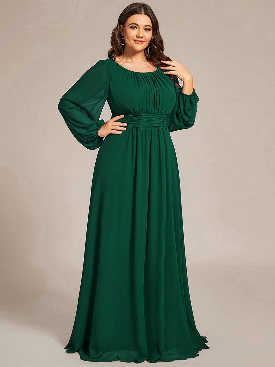 Plus Size Long Puff Sleeve Chiffon Maxi Dress #color_Dark Green