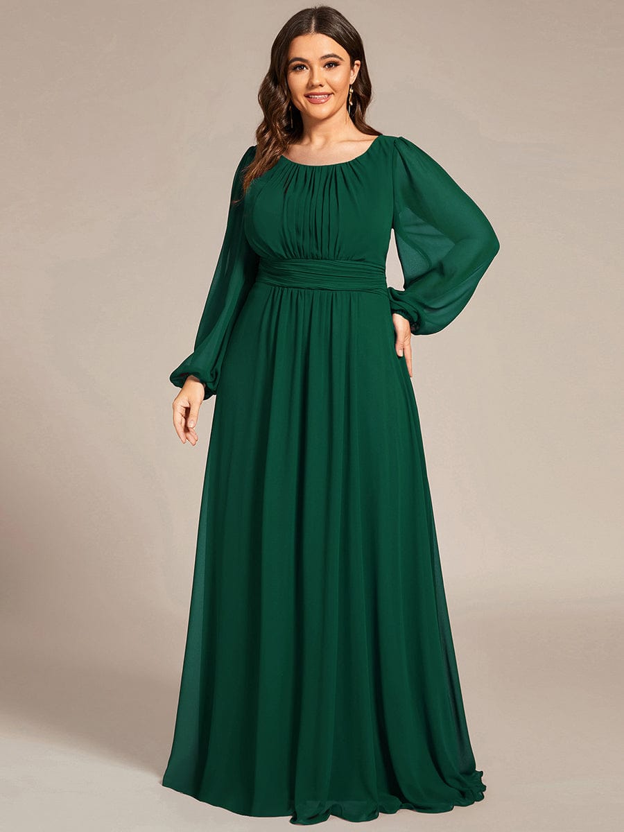 Plus Size Long Puff Sleeve Chiffon Maxi Dress #color_Dark Green