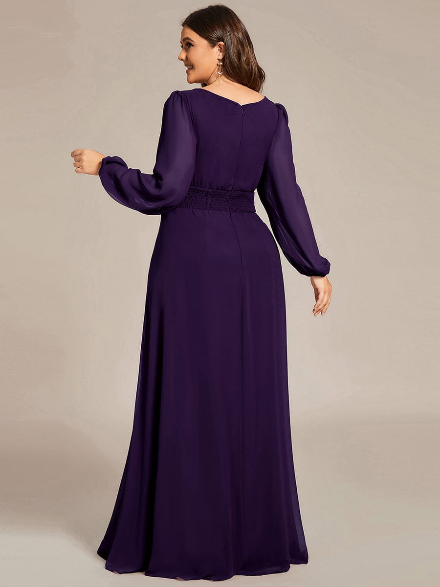 Plus Size Long Puff Sleeve Chiffon Maxi Dress #color_Dark Purple