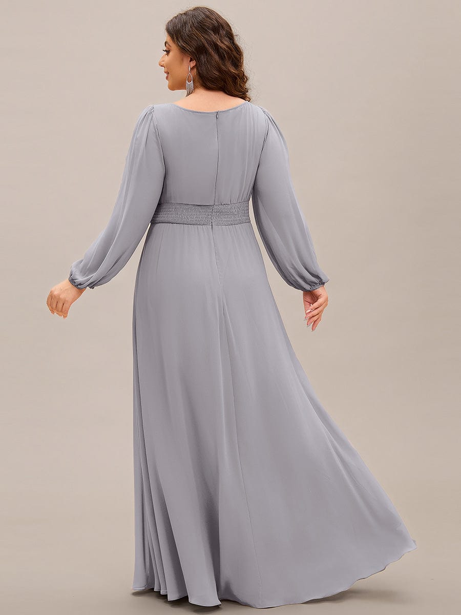 Plus Size Long Puff Sleeve Chiffon Maxi Dress #color_Grey