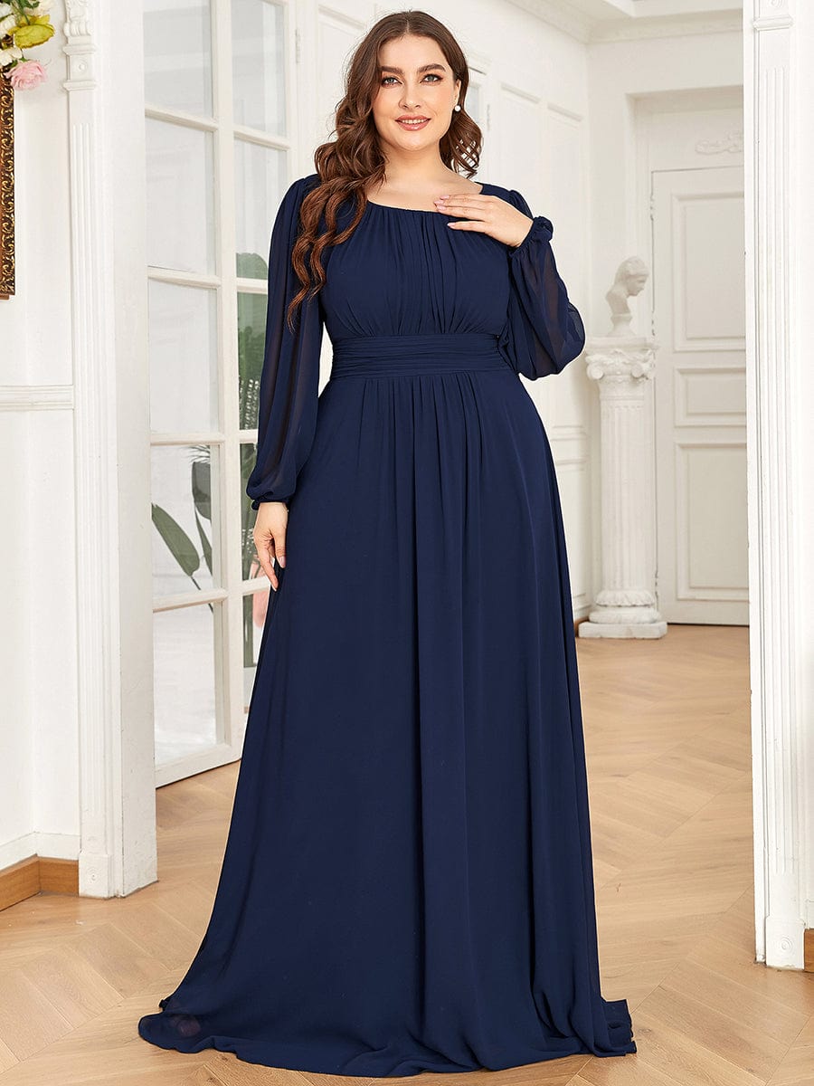 Plus Size Long Puff Sleeve Chiffon Maxi Dress #color_Navy Blue