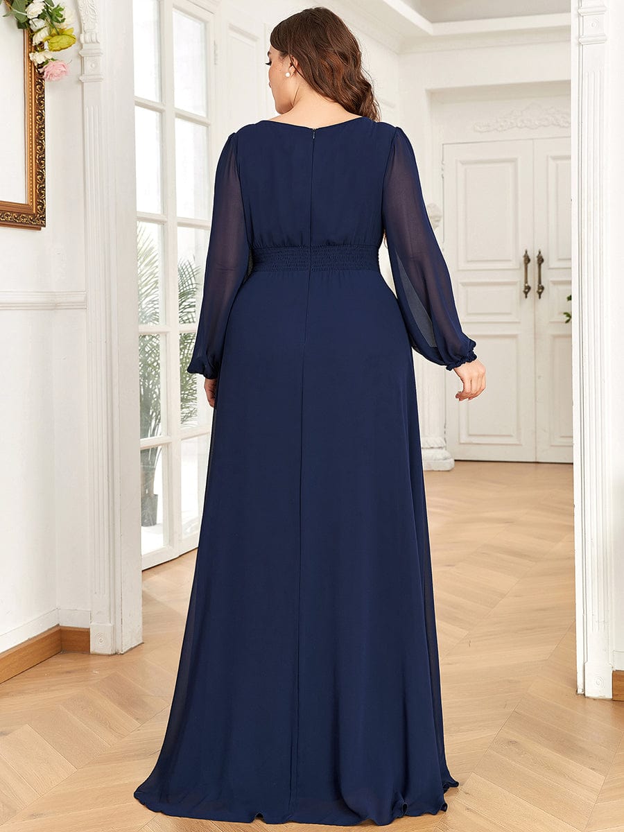 Plus Size Long Puff Sleeve Chiffon Maxi Dress #color_Navy Blue