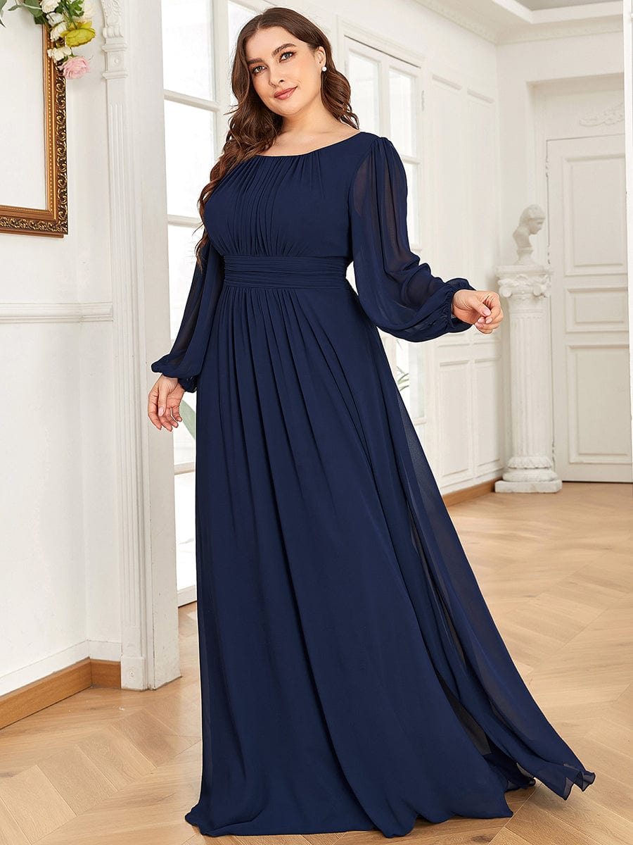 Plus Size Long Puff Sleeve Chiffon Maxi Dress #color_Navy Blue