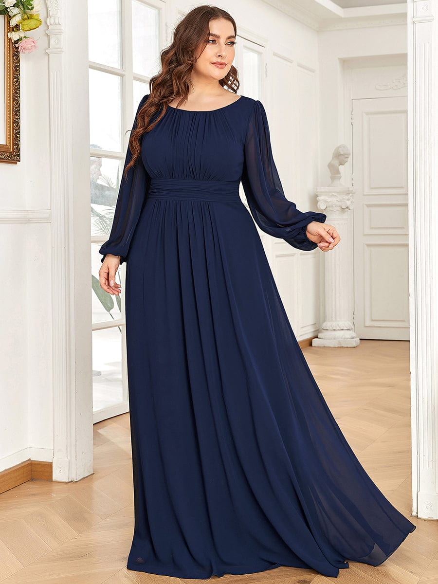 Plus Size Long Puff Sleeve Chiffon Maxi Dress #color_Navy Blue