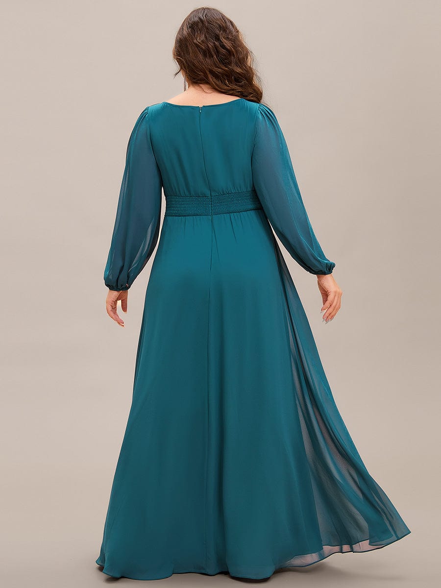 Plus Size Long Puff Sleeve Chiffon Maxi Dress #color_Teal