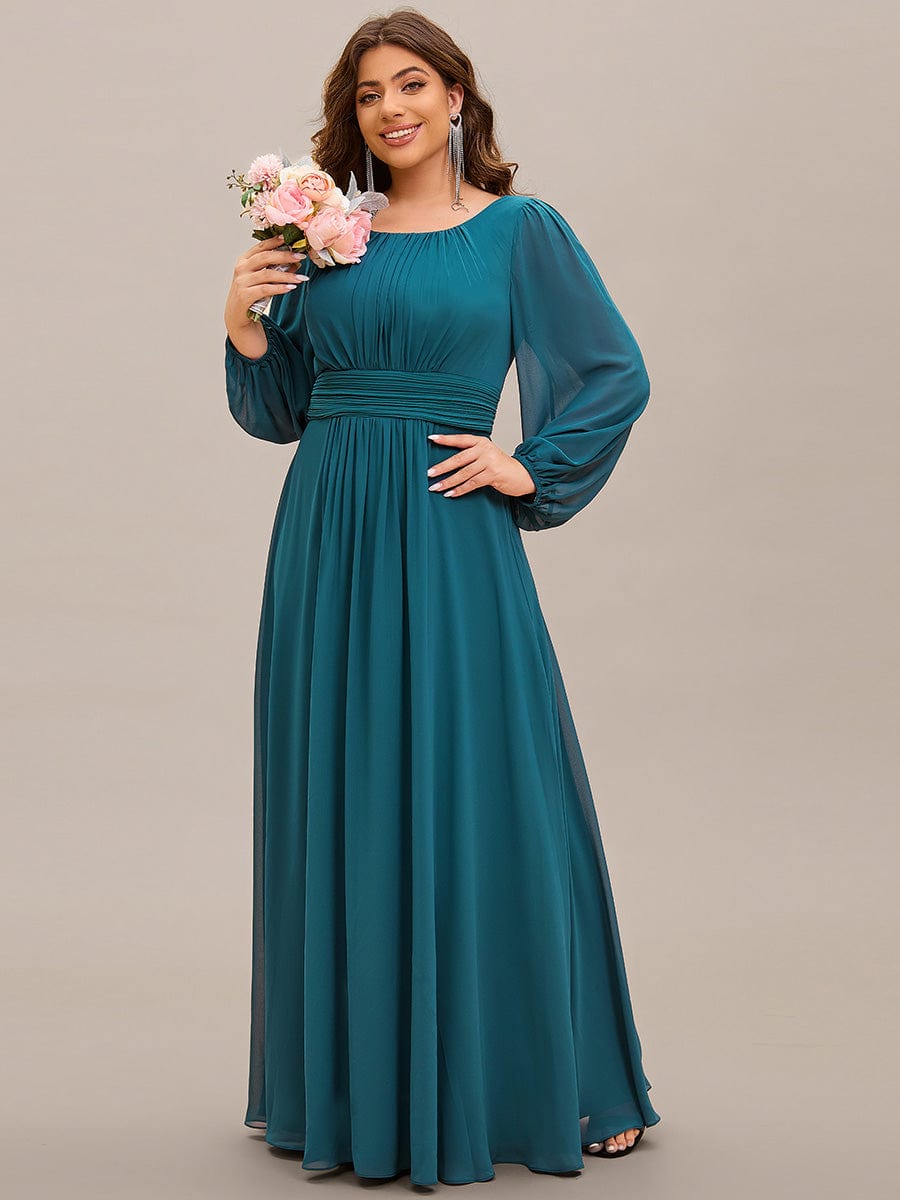 Plus Size Long Puff Sleeve Chiffon Maxi Dress #color_Teal