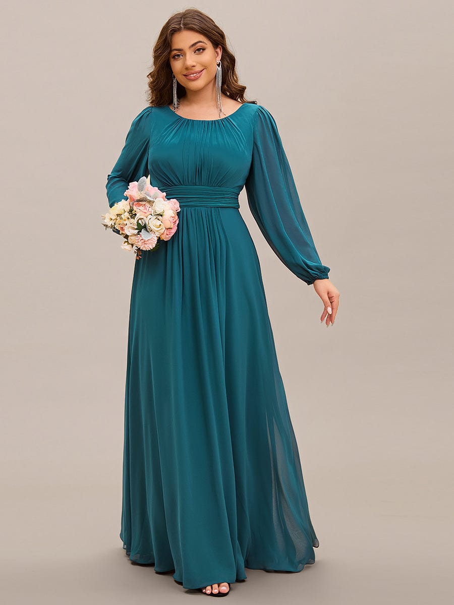 Plus Size Long Puff Sleeve Chiffon Maxi Dress #color_Teal