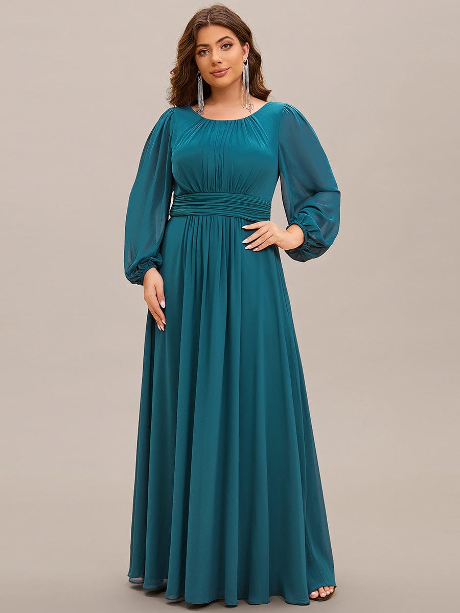 Plus Size Long Puff Sleeve Chiffon Maxi Dress #color_Teal