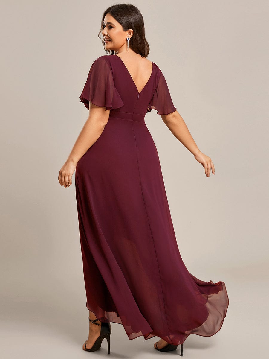 Plus Size Ruffled High Low Chiffon Dress #color_Burgundy