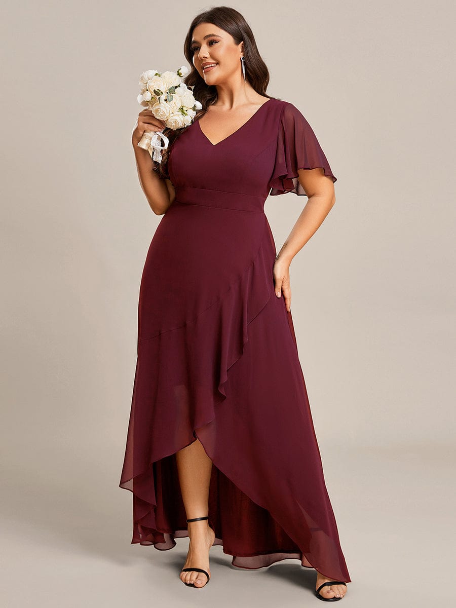 Plus Size Ruffled High Low Chiffon Dress #color_Burgundy