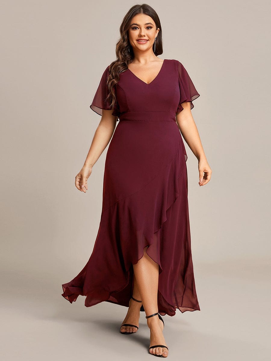 Plus Size Ruffled High Low Chiffon Dress #color_Burgundy