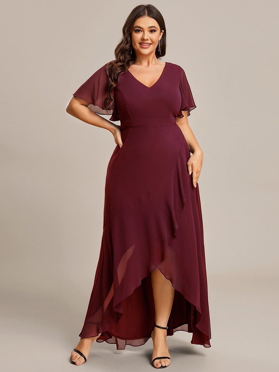 Plus Size Ruffled High Low Chiffon Dress #color_Burgundy