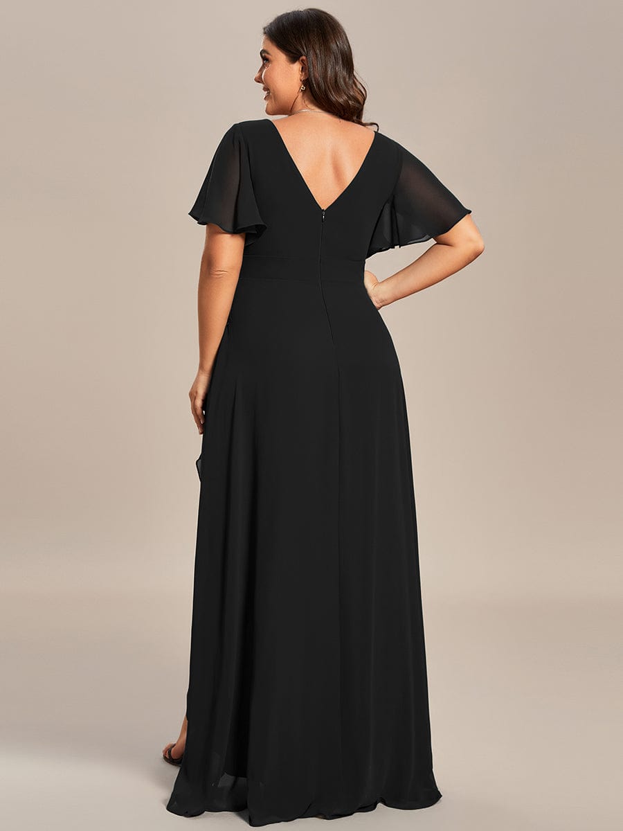 Plus Size Ruffled High Low Chiffon Dress #color_Black