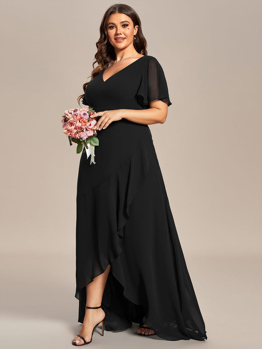 Plus Size Ruffled High Low Chiffon Dress #color_Black