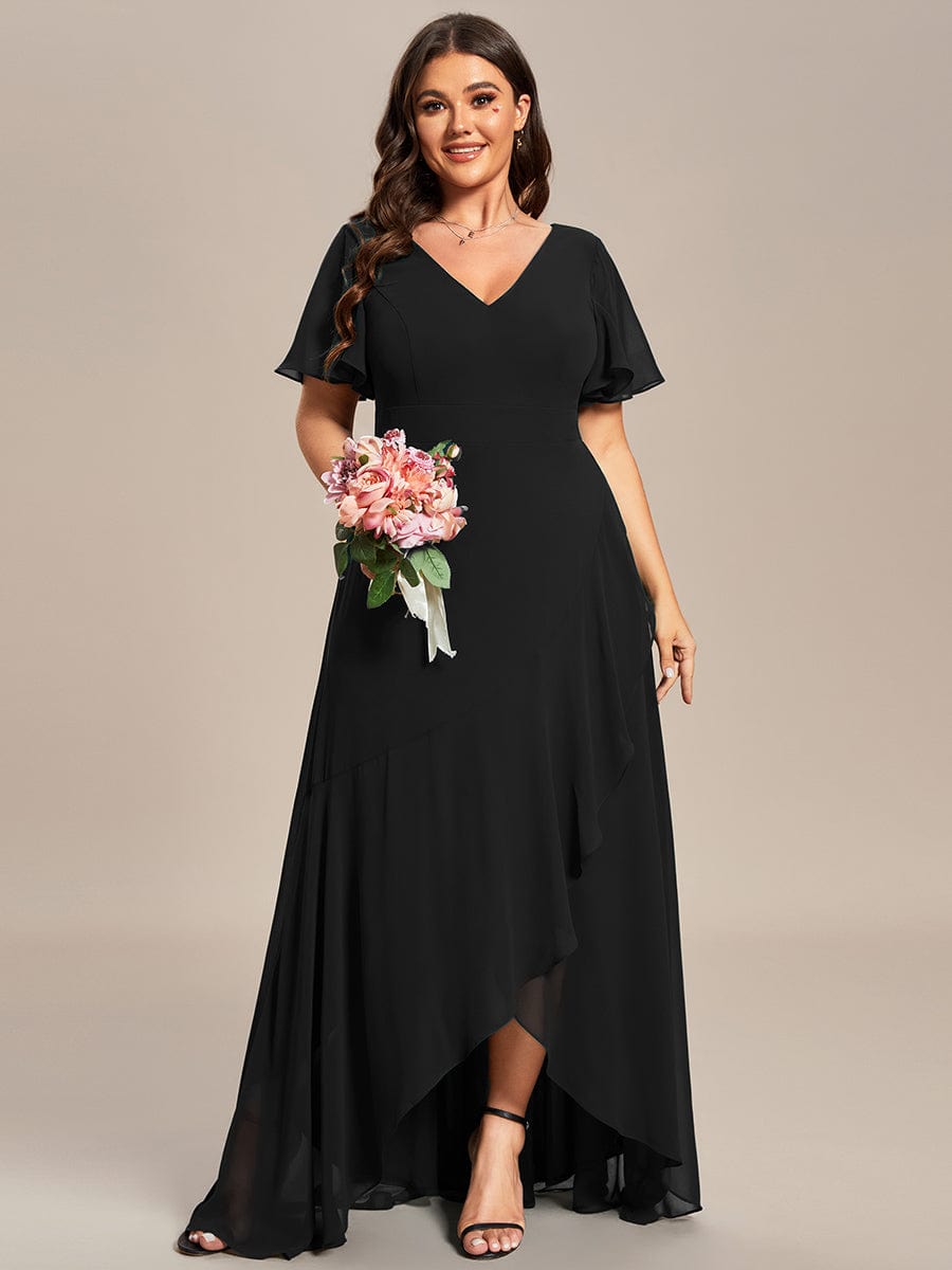 Plus Size Ruffled High Low Chiffon Dress #color_Black