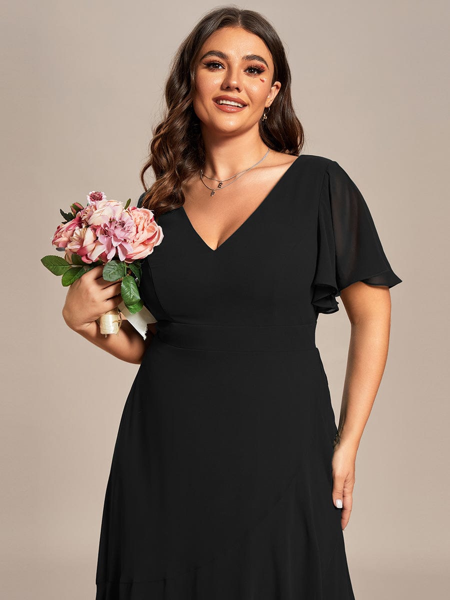 Plus Size Ruffled High Low Chiffon Dress #color_Black