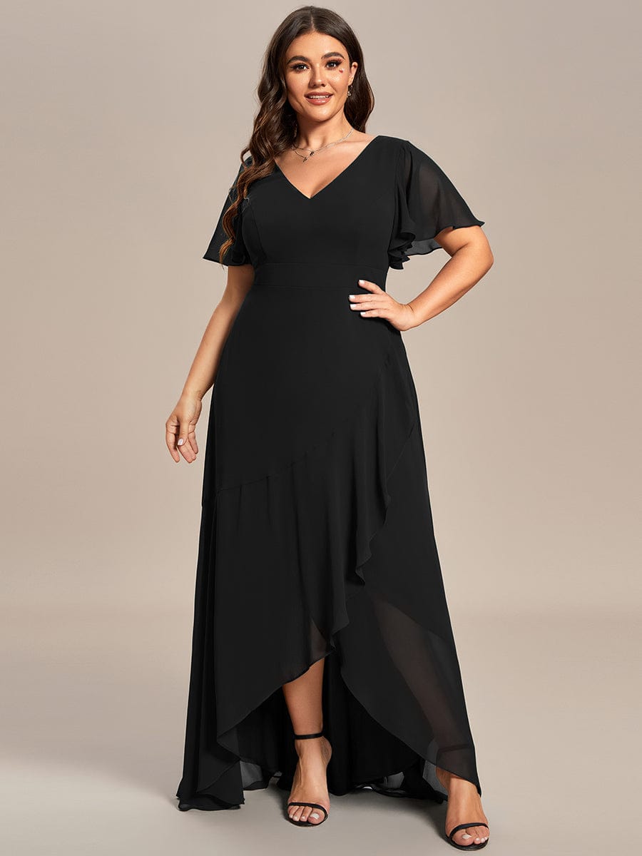 Plus Size Ruffled High Low Chiffon Dress #color_Black