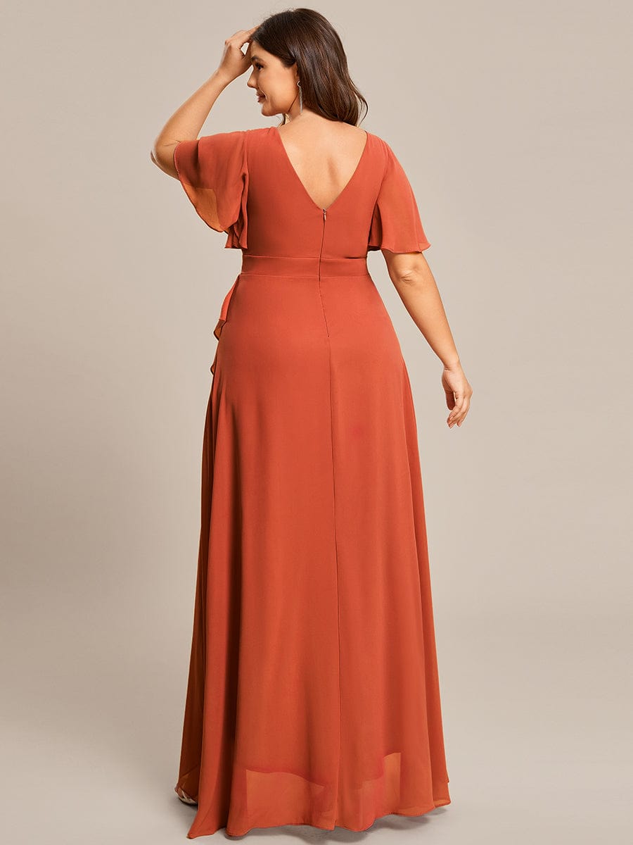 Plus Size Ruffled High Low Chiffon Dress #color_Burnt Orange