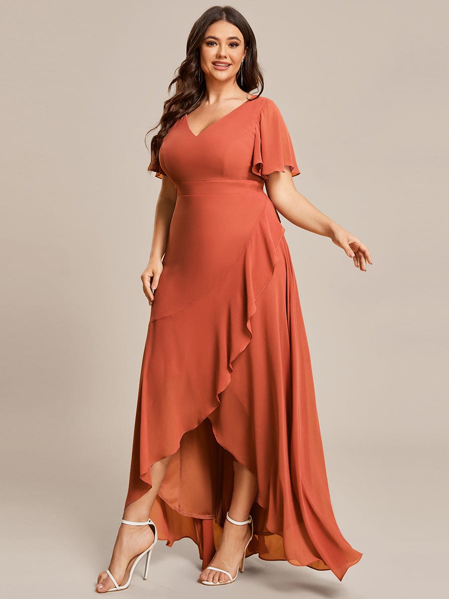 Plus Size Ruffled High Low Chiffon Dress #color_Burnt Orange