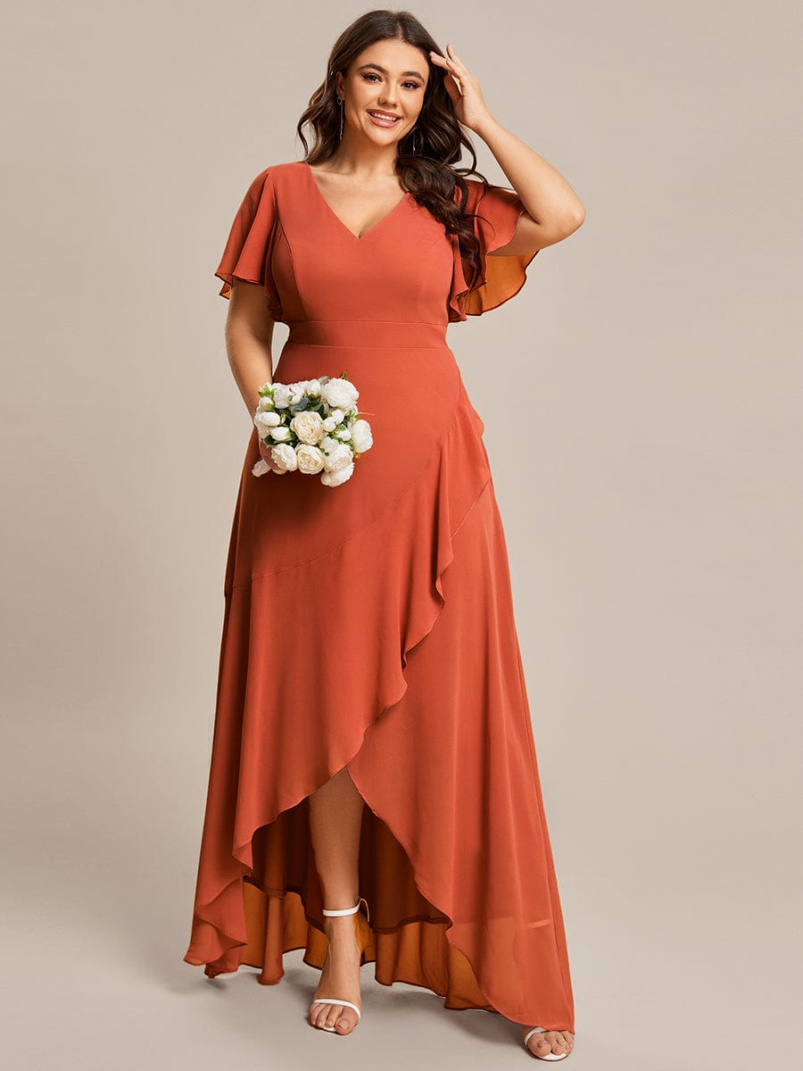 Plus Size Ruffled High Low Chiffon Dress #color_Burnt Orange