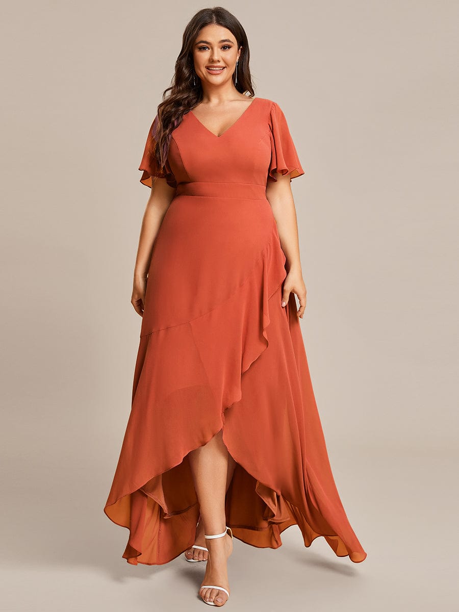 Plus Size Ruffled High Low Chiffon Dress #color_Burnt Orange