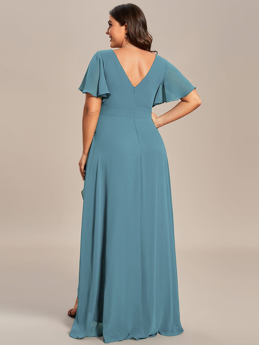 Plus Size Ruffled High Low Chiffon Dress #color_Light Teal