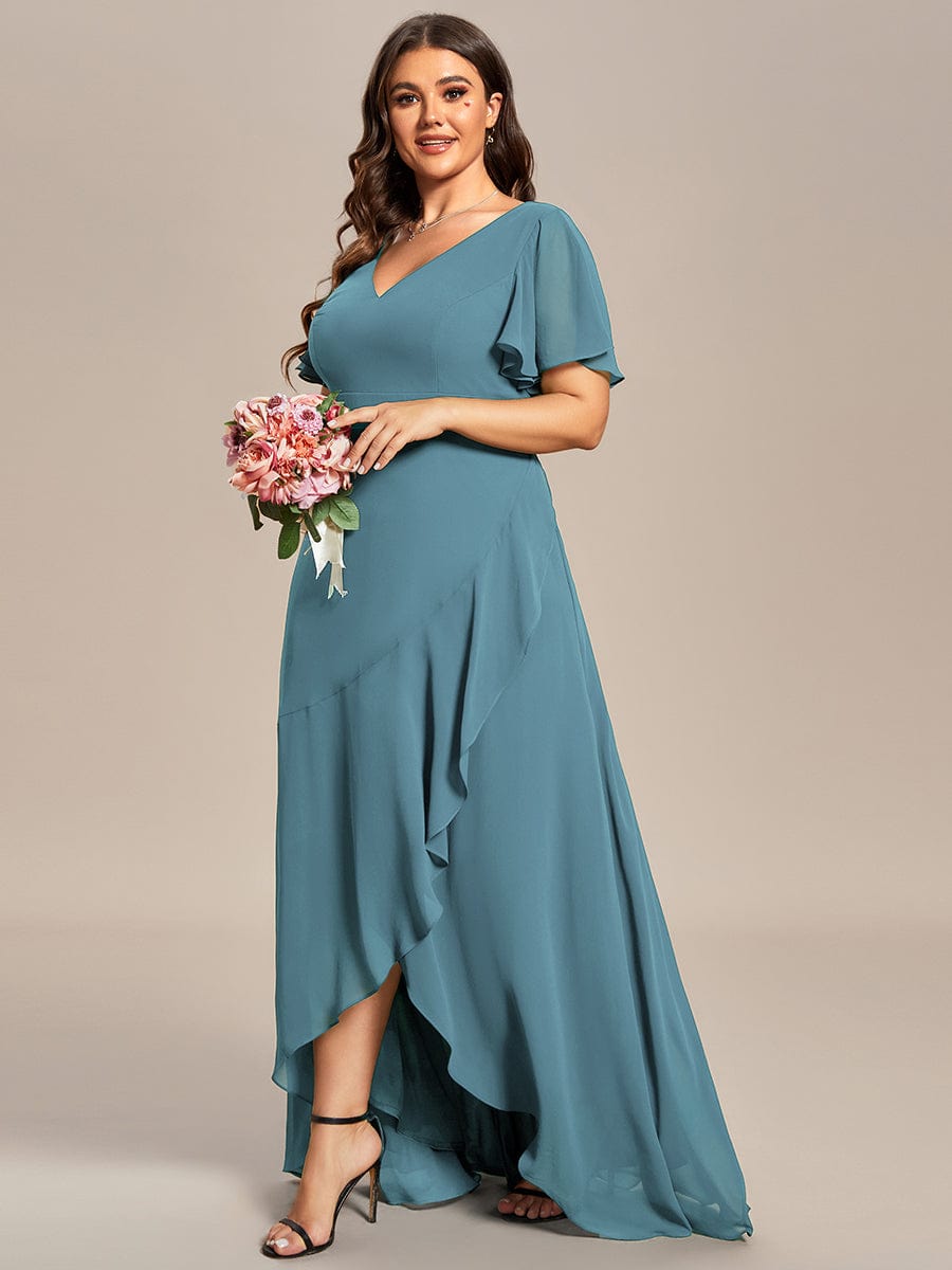 Plus Size Ruffled High Low Chiffon Dress #color_Light Teal