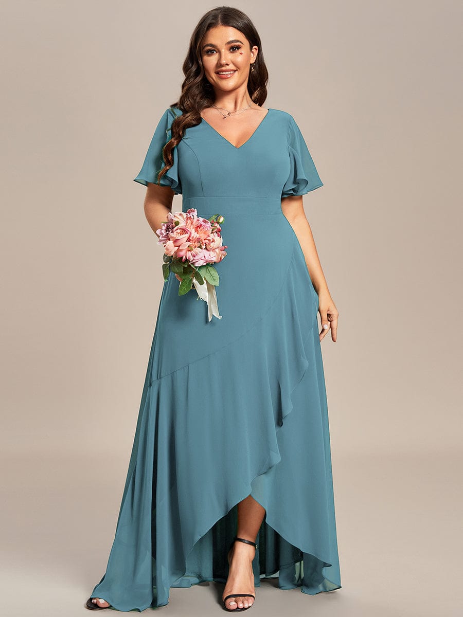 Plus Size Ruffled High Low Chiffon Dress #color_Light Teal