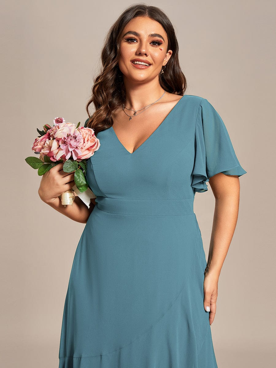 Plus Size Ruffled High Low Chiffon Dress #color_Light Teal