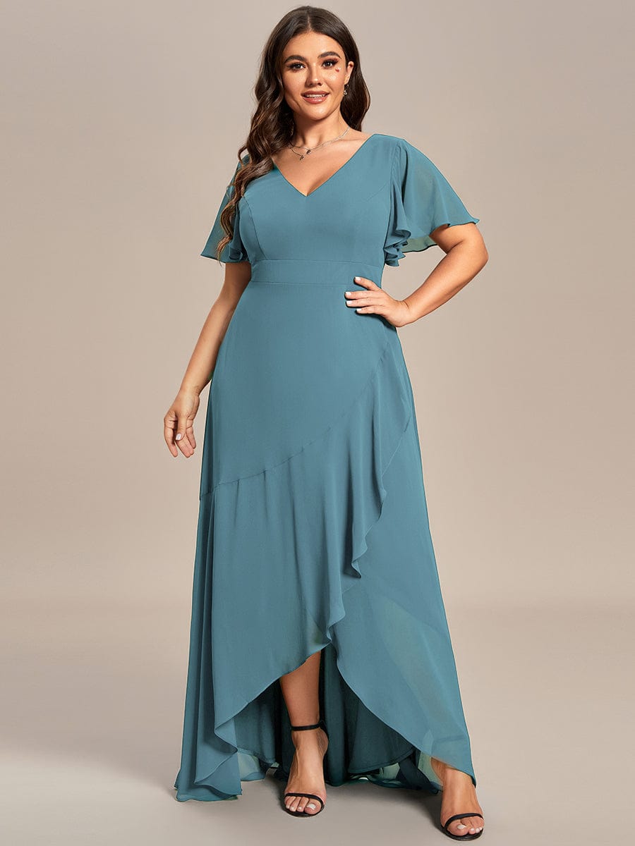 Plus Size Ruffled High Low Chiffon Dress #color_Light Teal