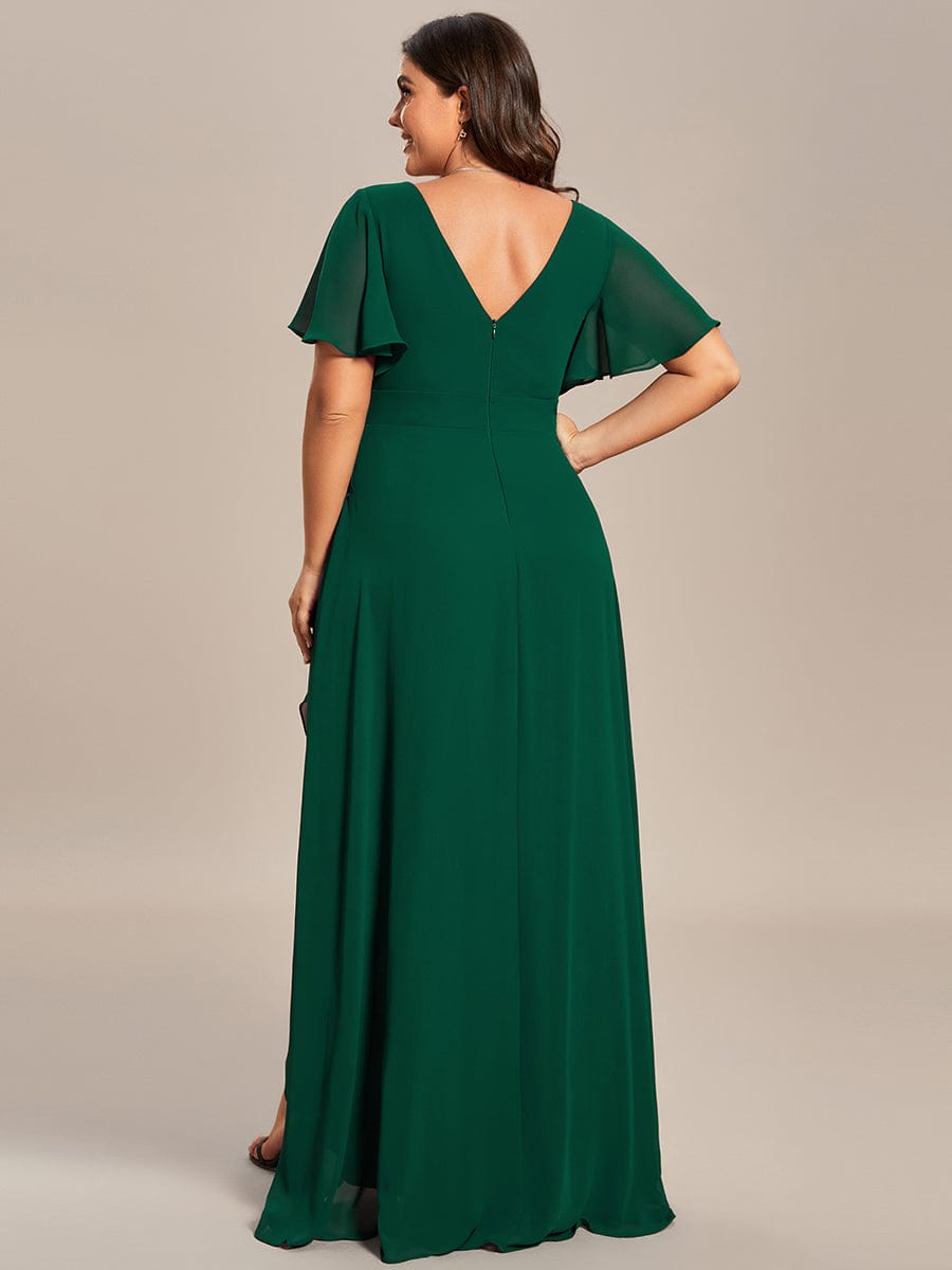 Plus Size Ruffled High Low Chiffon Dress #color_Dark Green