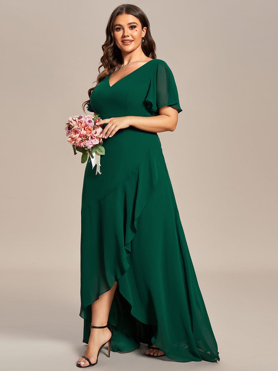 Plus Size Ruffled High Low Chiffon Dress #color_Dark Green