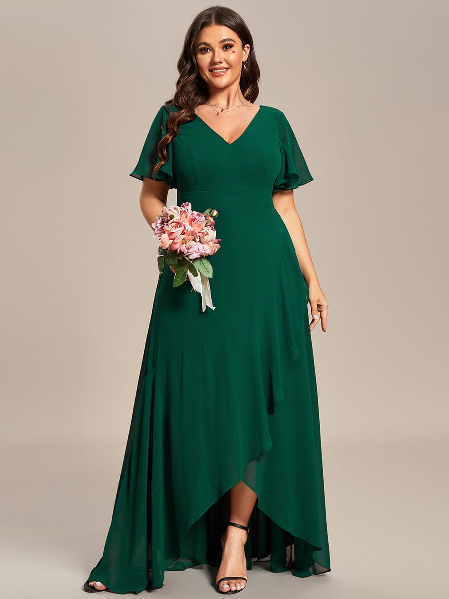 Plus Size Ruffled High Low Chiffon Dress #color_Dark Green