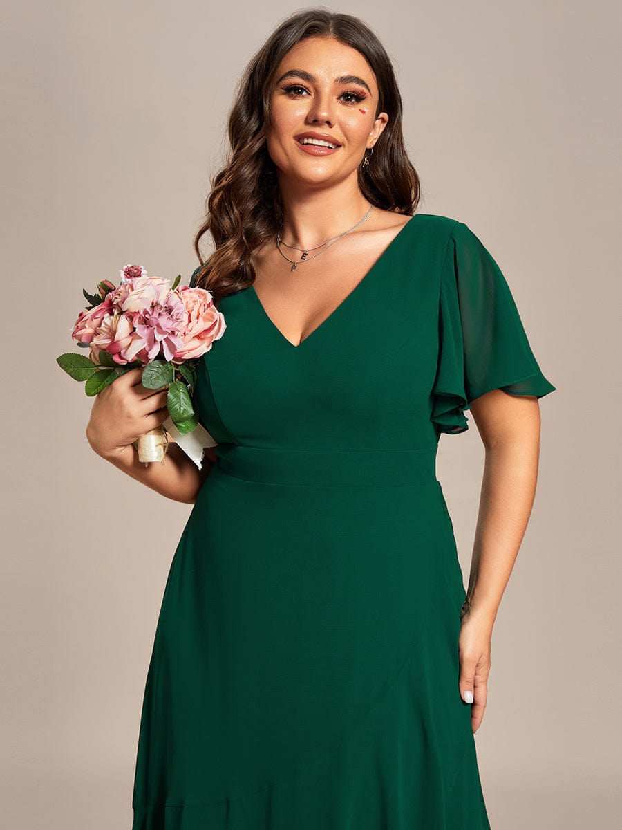 Plus Size Ruffled High Low Chiffon Dress #color_Dark Green