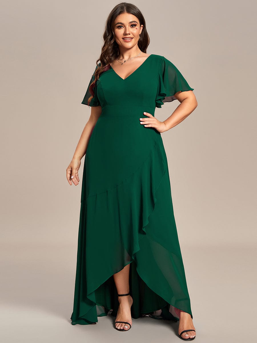 Plus Size Ruffled High Low Chiffon Dress #color_Dark Green