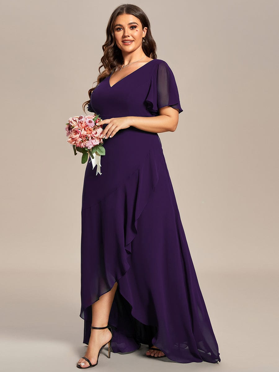 Plus Size Ruffled High Low Chiffon Dress #color_Dark Purple