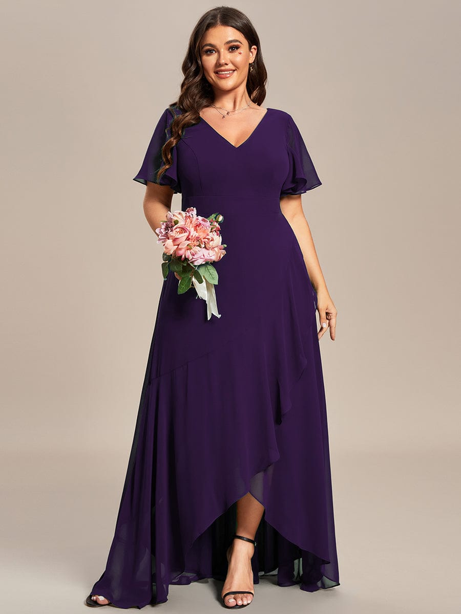 Plus Size Ruffled High Low Chiffon Dress #color_Dark Purple