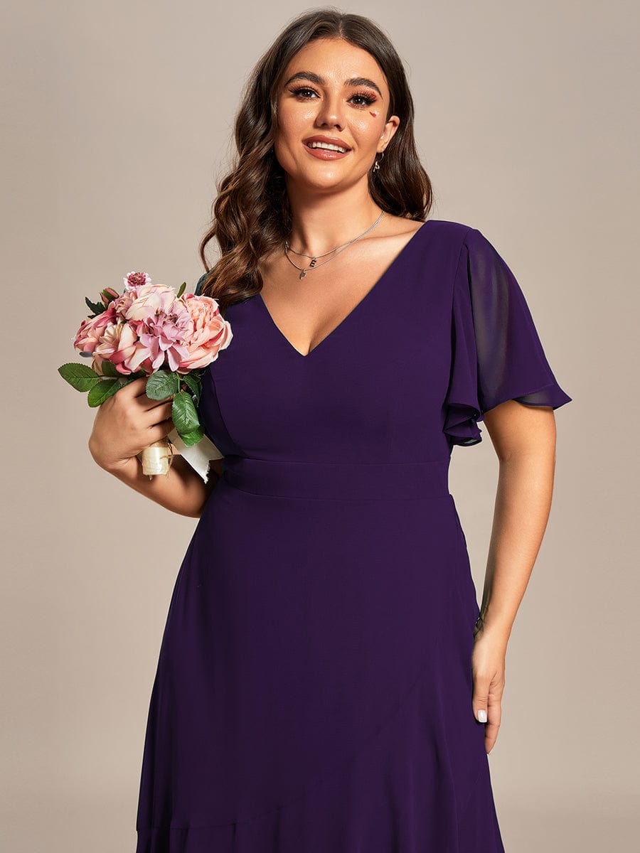 Plus Size Ruffled High Low Chiffon Dress #color_Dark Purple