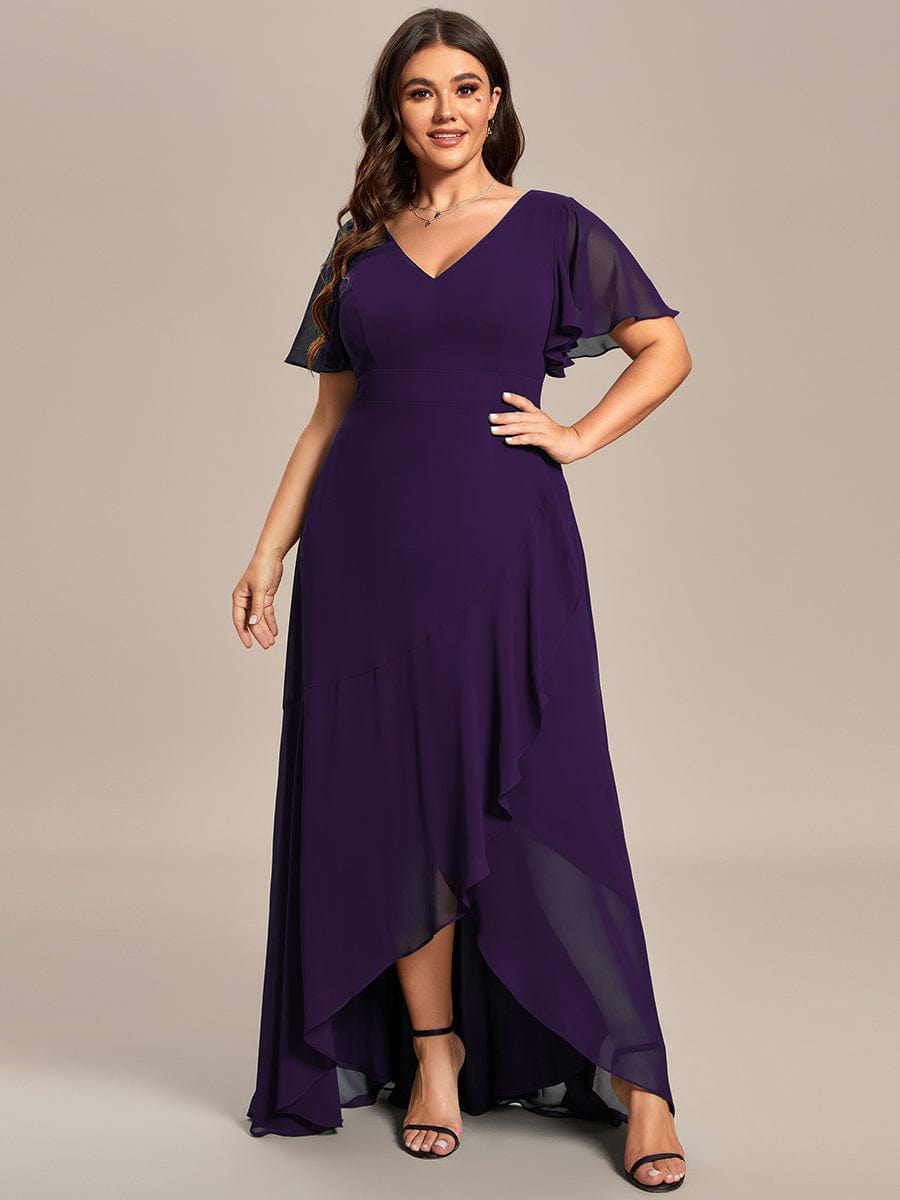 Plus Size Ruffled High Low Chiffon Dress #color_Dark Purple